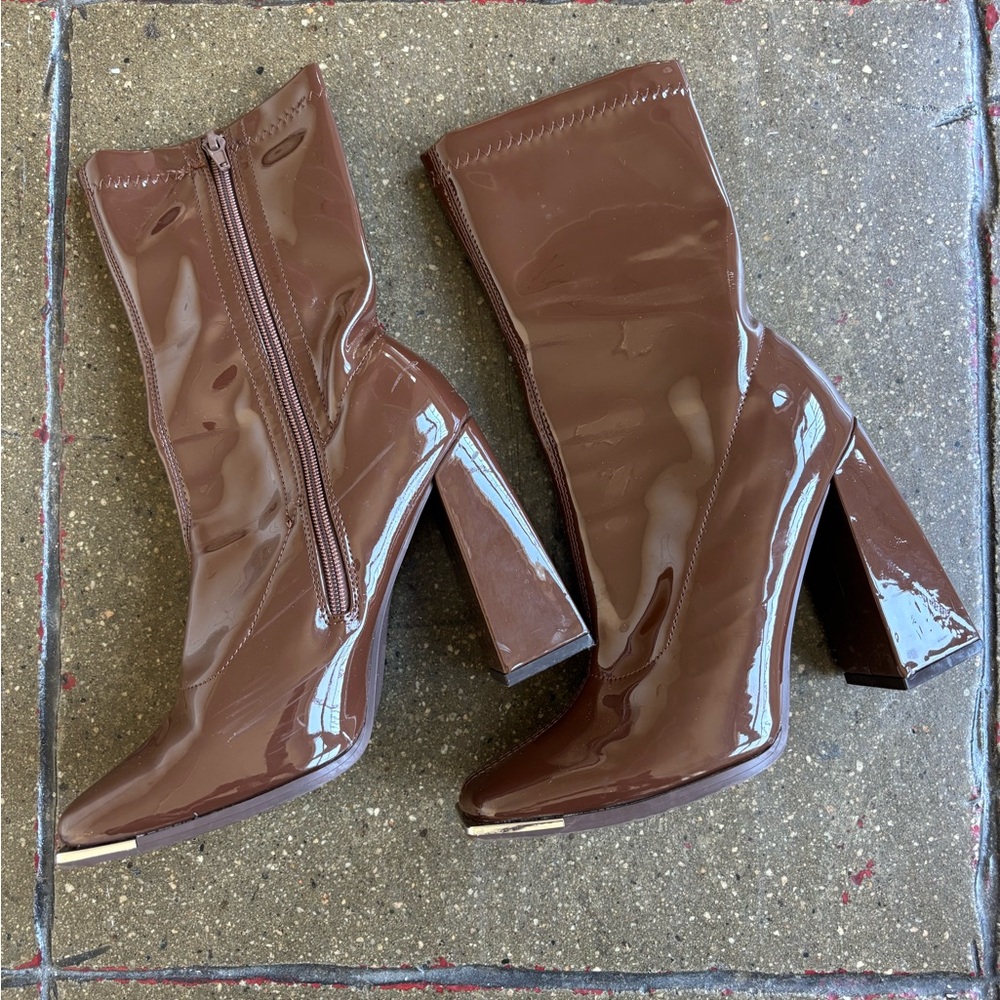 Forever 21 Glossy Brown Ankle Booties